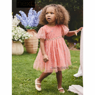 W66 代购 8岁新款 731 英国Next女童桃粉色刺绣花朵礼服连衣裙短袖