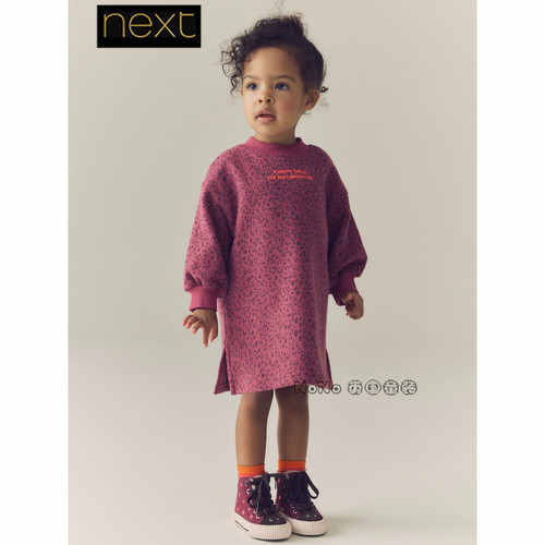 英国Next正品女童粉色豹纹字母卫衣裙长袖连衣裙1-7岁新款G34-381