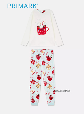 代购英国Primark女童咖啡杯雪人小熊亲肤绒冬季长袖家居服睡衣裤