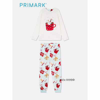 代购英国Primark女童咖啡杯雪人小熊亲肤绒冬季长袖家居服睡衣裤
