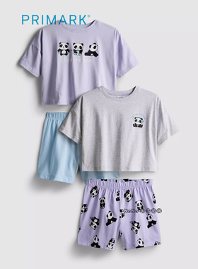 代购英国Primark女童蓝紫色熊猫短袖家居服睡衣裤纯棉两套7-15岁