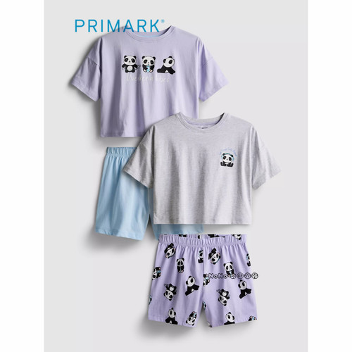 代购英国Primark女童蓝紫色熊猫短袖家居服睡衣裤纯棉两套7-15岁