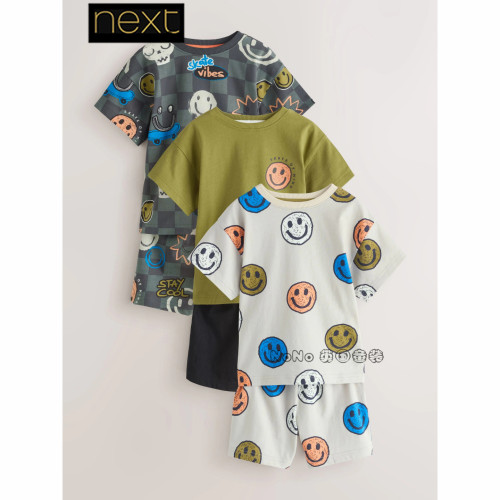英国Next男中大童灰绿彩色笑脸家居服短袖睡衣裤纯棉Y05-731