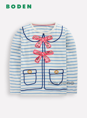 代购英国Mini BODEN女童粉蓝色条纹蝴蝶结长袖T恤纯棉2-12岁G5626