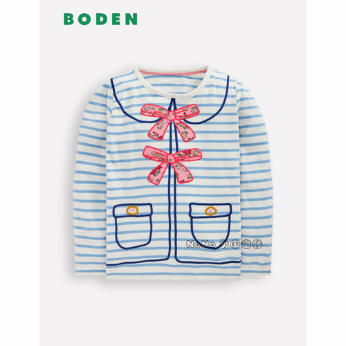 代购英国Mini BODEN女童粉蓝色条纹蝴蝶结长袖T恤纯棉2-12岁G5626