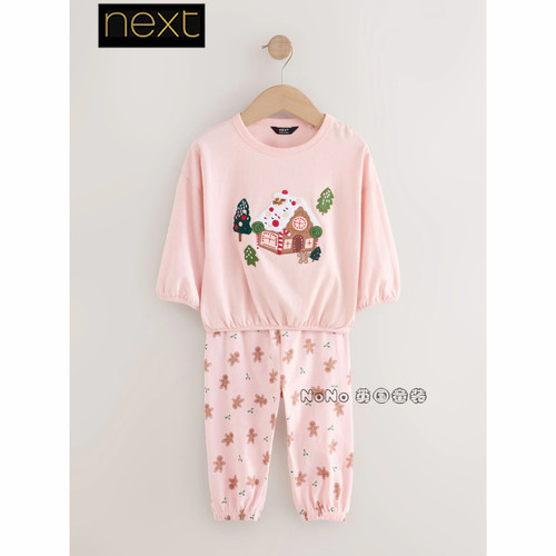 英国Next女童粉色圣诞树贴布家居服睡衣裤长袖全棉1-12岁Y58-706