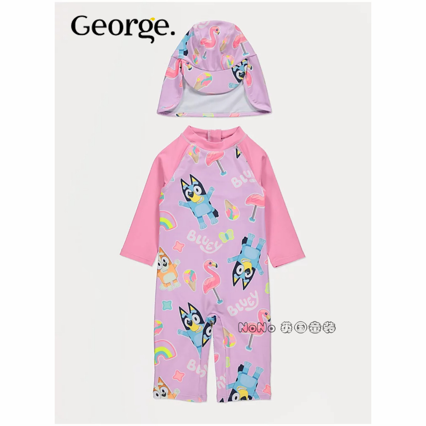 英国乔治George女童粉色布鲁伊连体泳衣T恤防晒遮颈帽套装1387281