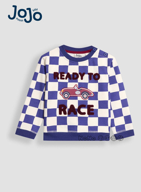 英国JoJo Maman Bebe男童蓝白色格子赛车刺绣运动卫衣纯棉F96-732