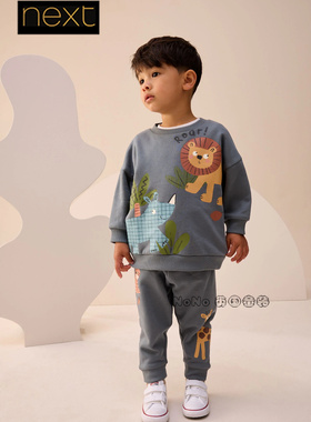 代购英国Next男童蓝色狮子长颈鹿卫衣运动裤休闲套装1-7岁F89-396