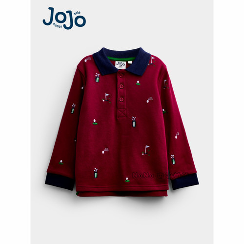 英国Jojo Maman Bebe儿童酒红色刺绣POLO长袖T恤全棉1-5岁Y67-935