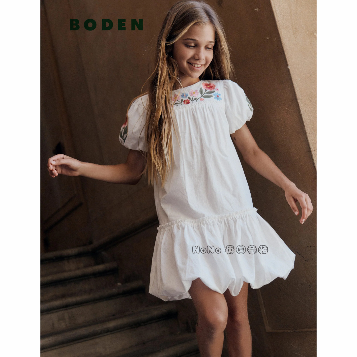 英国Mini Boden女童白色花朵刺绣短袖连衣裙全棉新款2-12岁G5992
