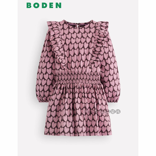 英国Mini Boden女童紫色爱心荷叶全棉长袖连衣裙2-12岁新款G6147