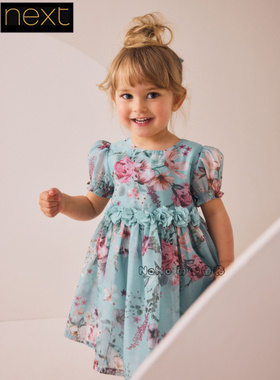英国Next正品代购女童蓝色花朵立体网纱连衣裙演出礼服裙F66-647