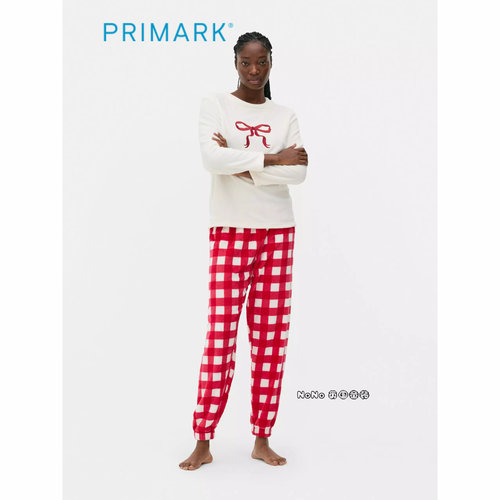 代购英国Primark女款大童红色格子蝴蝶结保暖绒长袖家居服睡衣裤