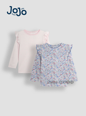 英国Jojo Maman Bebe女童粉紫色碎花条纹长袖T恤纯棉1-7岁B91-262