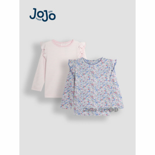 英国Jojo Maman Bebe女童粉紫色碎花条纹长袖T恤纯棉1-7岁B91-262