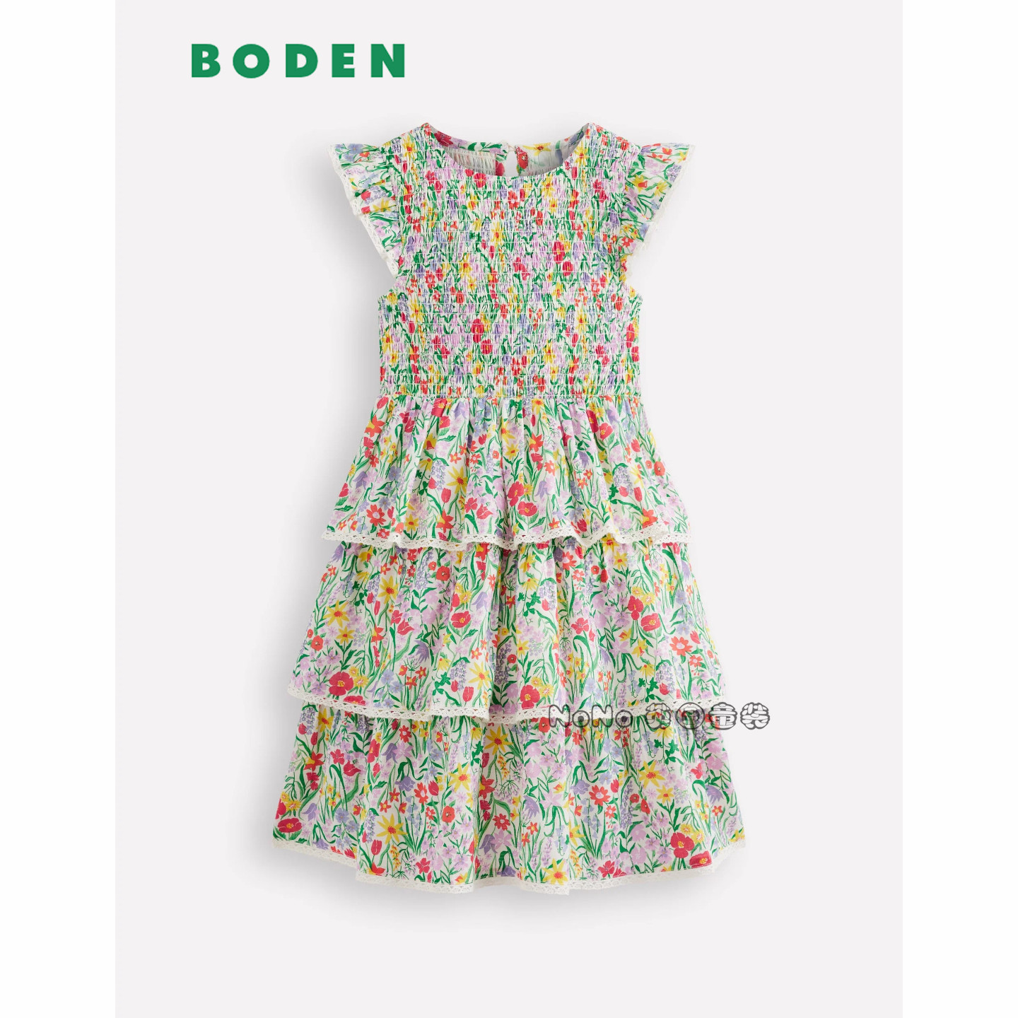 英国Mini Boden女童红绿色打揽碎花全棉短袖连衣裙2-12岁G5795