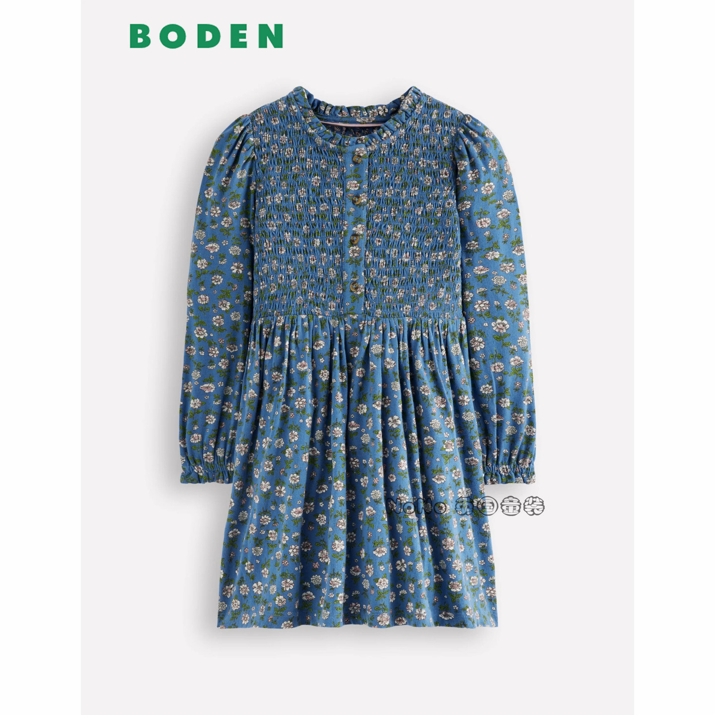 英国Mini Boden女童蓝色小碎花打揽全棉长袖连衣裙2-12岁G5765