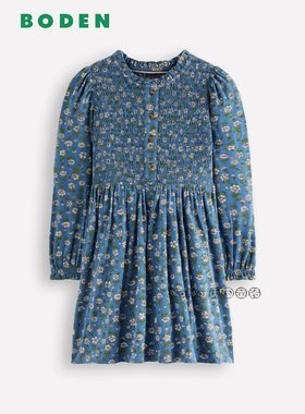 英国Mini Boden女童蓝色小碎花打揽全棉长袖连衣裙2-12岁G5765