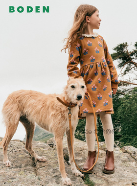 英国Mini Boden女童姜黄色碎花蕾丝卫衣长袖连衣裙2-12岁G5651