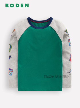 代购英国Mini BODEN男童绿灰色吉他插肩长袖T恤纯棉2-14岁B3139