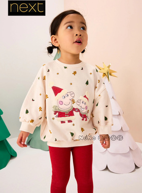 英国Next女童代购小猪佩奇红色圣诞卫衣打底裤套装1-7岁F76-049