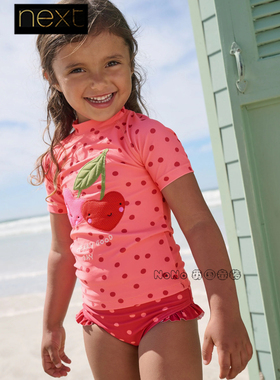 英国Next正品代购女童粉红色爱心樱桃分体泳衣拉链短袖H39-003