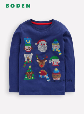 英国Mini BODEN正品男童圣诞老人驯鹿熊刺绣长袖T恤棉2-12岁B3051