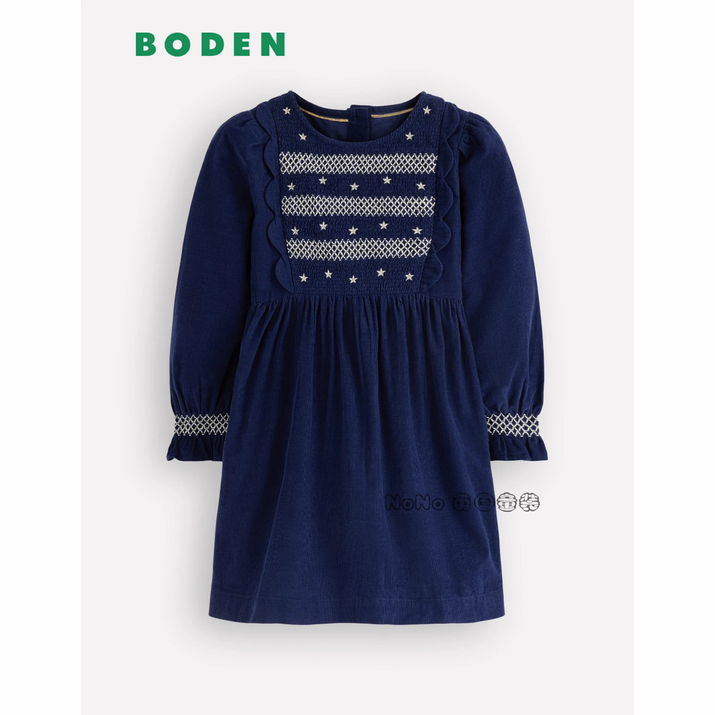 英国Mini Boden女童藏青色打揽刺绣长袖连衣裙2-12岁新款G6161