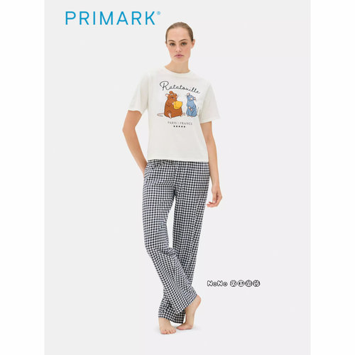 英国Primark女款成人大童料理鼠王格子家居服短袖睡衣长睡裤纯棉