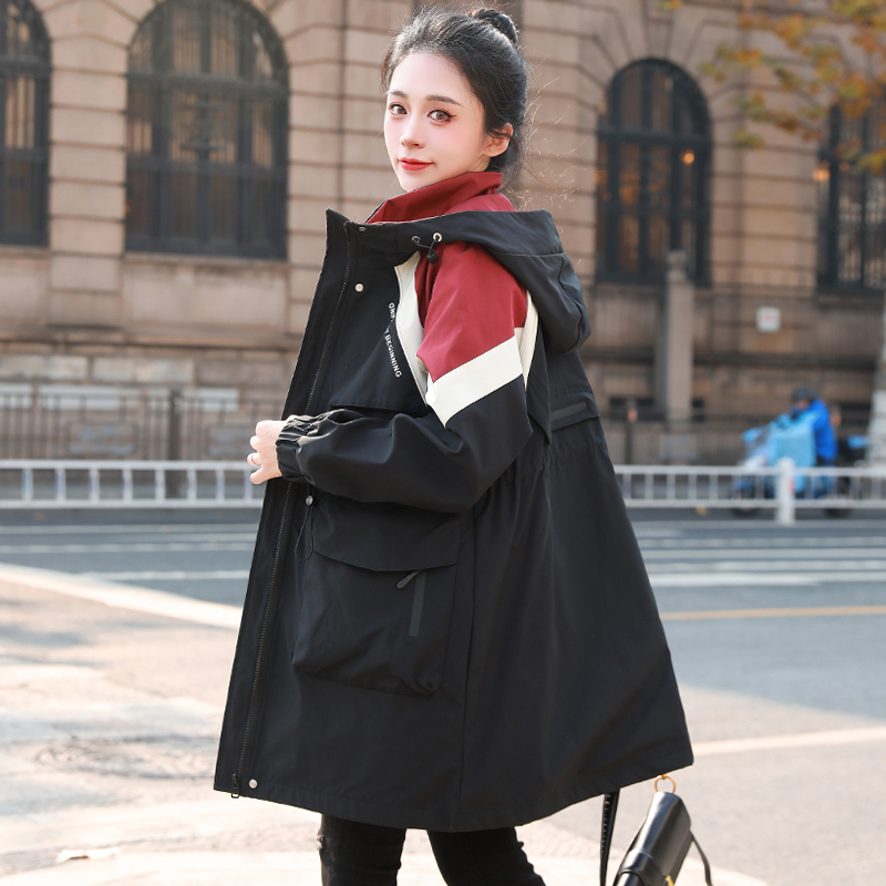 大码休闲拼色风衣女中长款2025春秋新款宽松胖mm收腰显瘦连帽外套