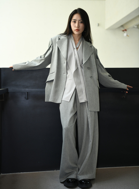 MOUXUER 2025秋季新款灰色西装套装女高级感气质西服外套shang1