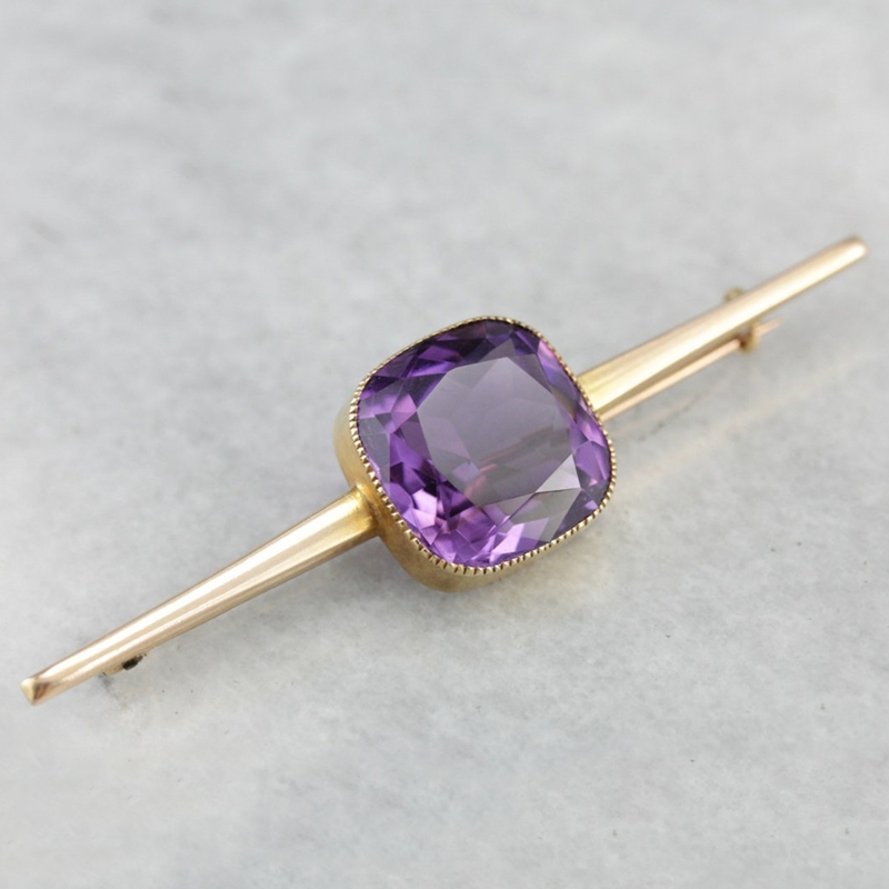 Vintage古董 19世纪晚期 15K黄金镶嵌天然紫水晶复古简约时尚胸针