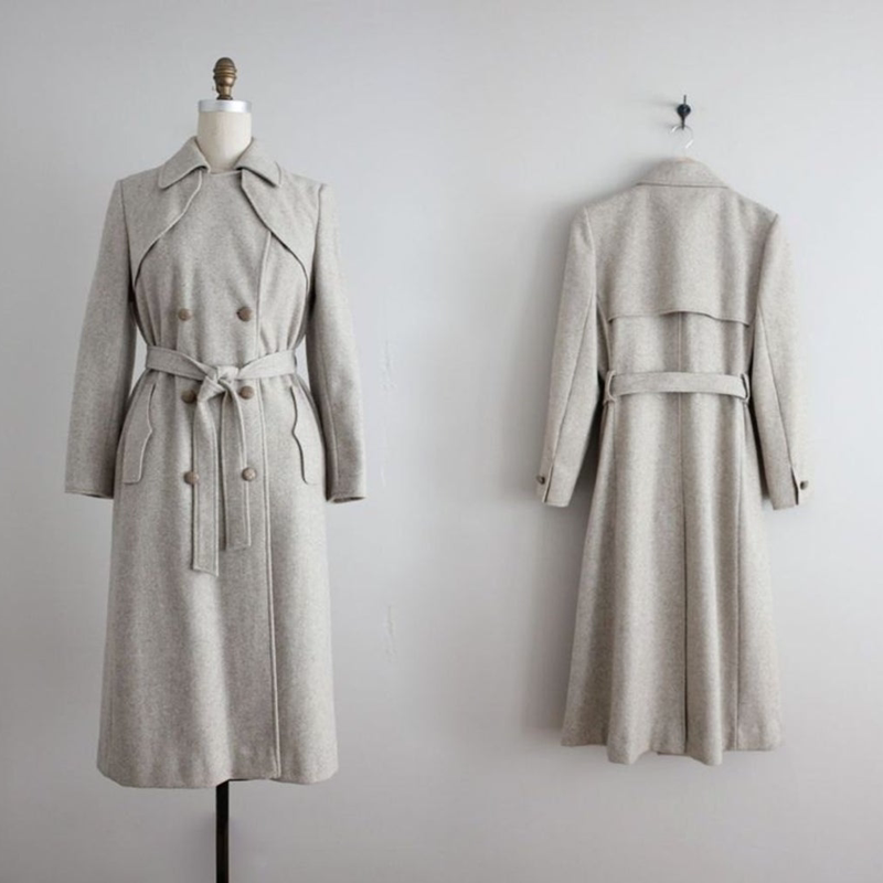 vintage古着 1970年代 复古英伦范夏洛克米灰色羊毛长款大衣 现货