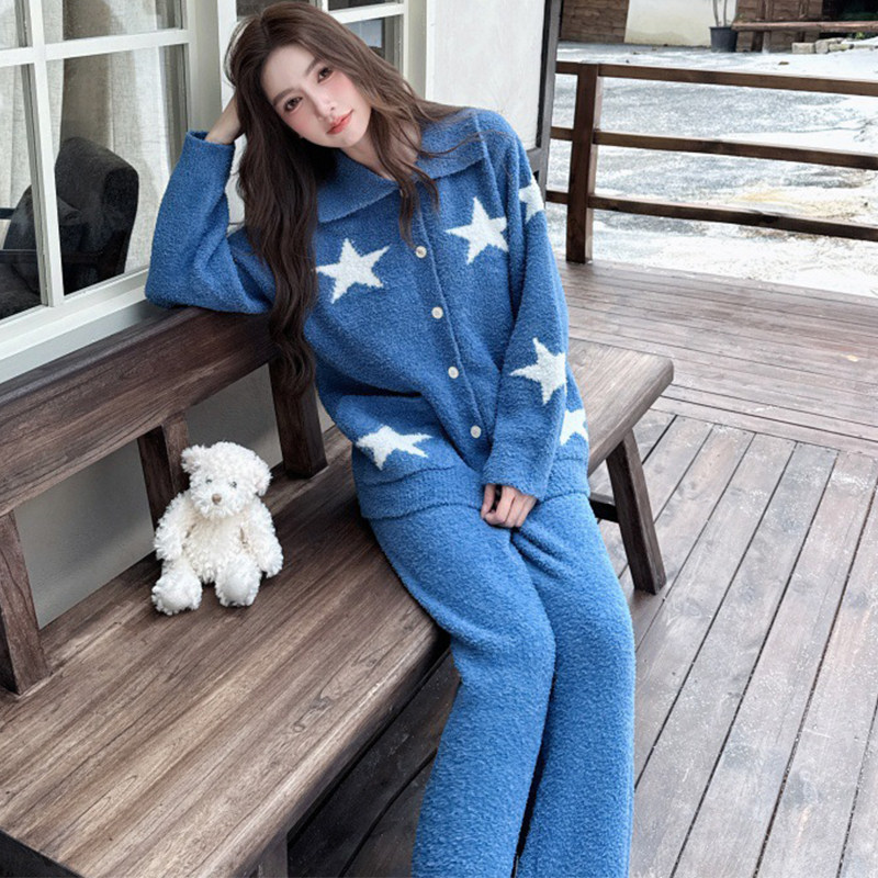 软绵绵睡衣女士冬季保暖加厚半边绒翻领星星甜美风开衫家居服套装