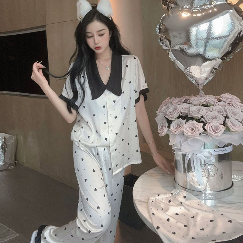 冰丝睡衣女春夏季性感纯欲风爱心娃娃领短袖短裤长裤家居服三件套