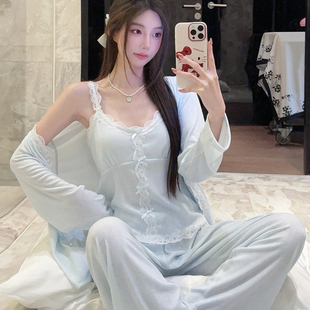 2026年新款春夏季睡衣女提花针织莫代尔蕾丝花边吊带家居服三件套