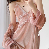 2023新款 性感睡衣女秋冬金丝绒床上蕾丝吊带睡袍带胸垫家居服