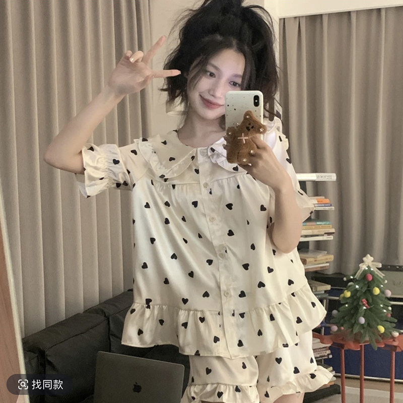 冰丝睡衣女春夏季新款甜美宫廷风爱心娃娃领可外穿短袖短裤家居服