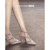 裸色高跟鞋 婚礼 伴娘鞋 女细跟铆钉后空包头凉鞋 一字带后空气质单鞋