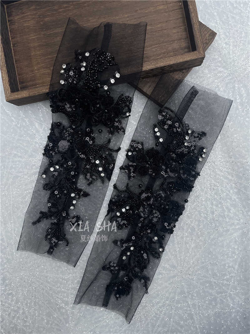 手套蕾丝立体花朵网纱黑色袖子图片