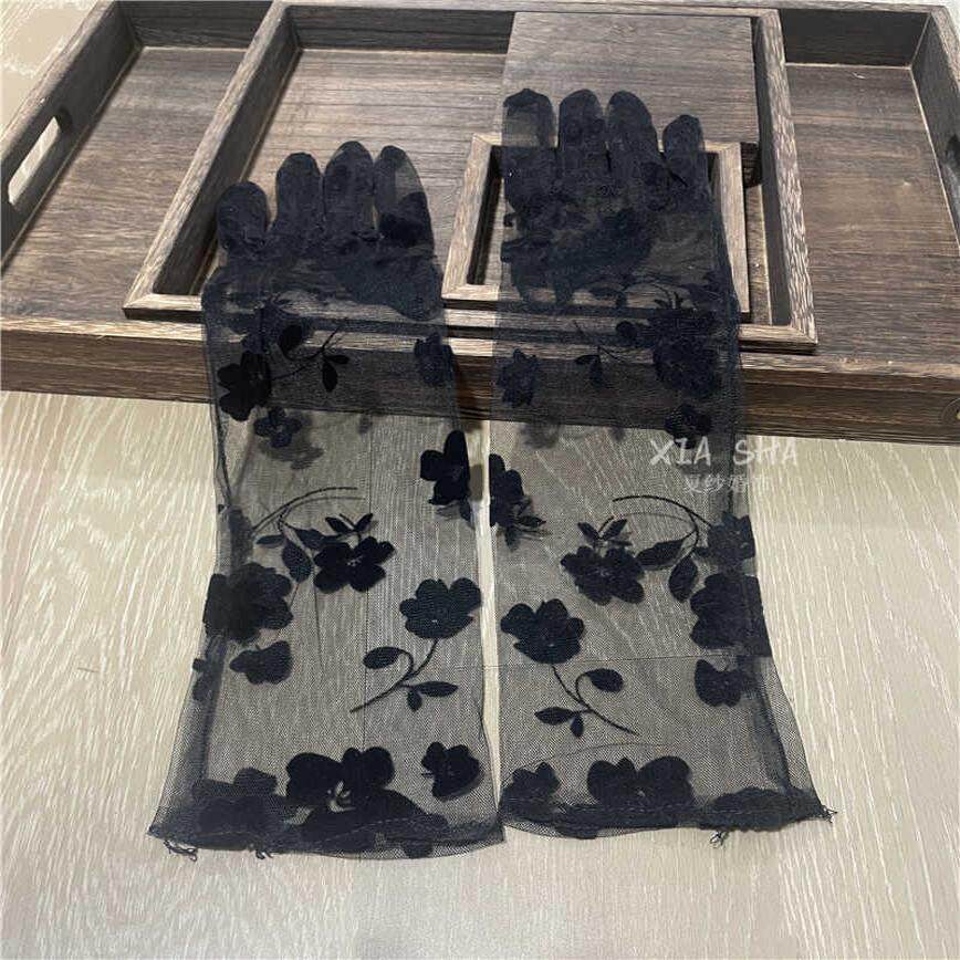 影楼旅拍样片婚礼新娘晚装手套花朵网纱黑色蕾丝万圣节配饰道具