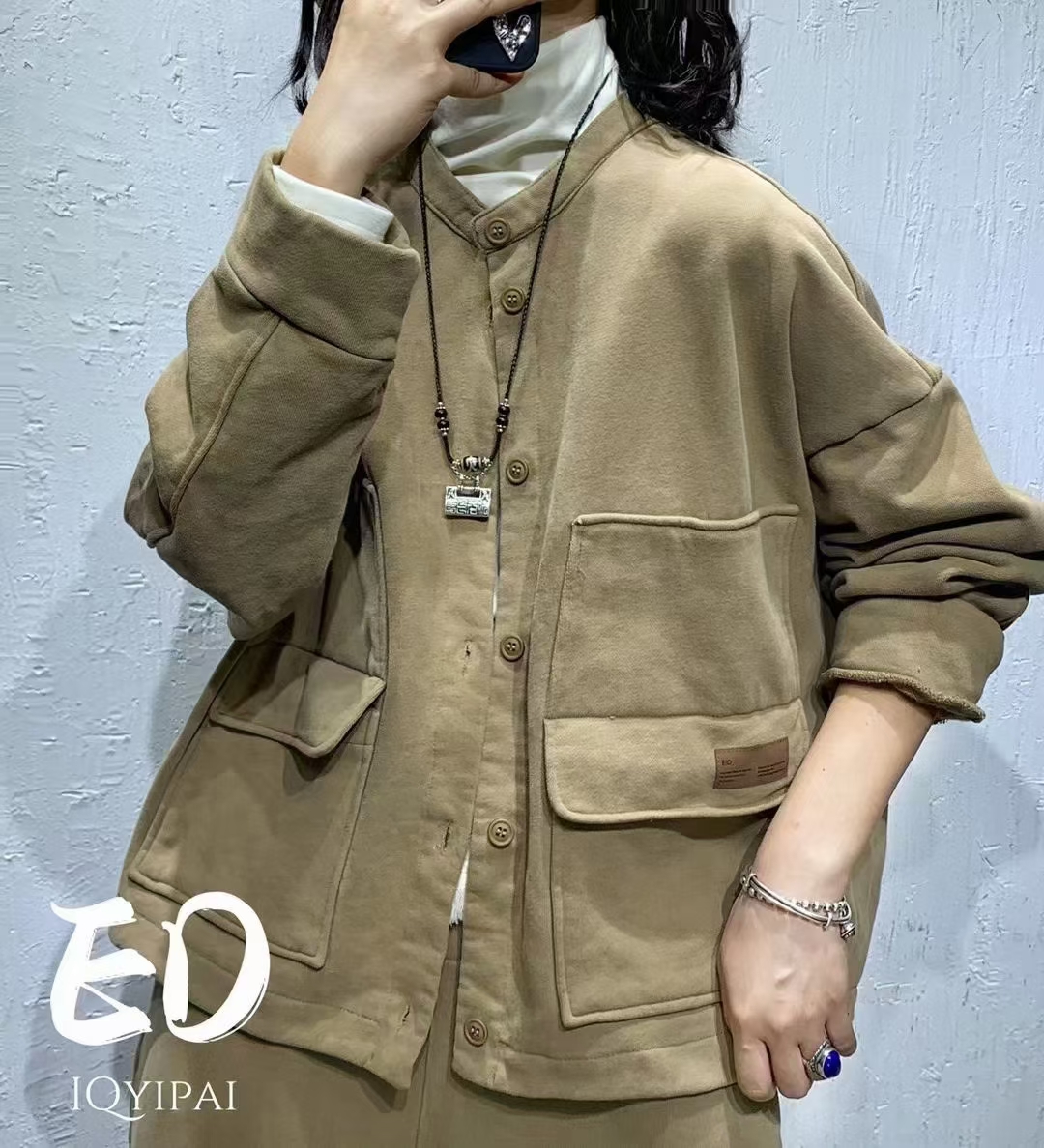 7173#秋冬宽松百搭纯色加厚加绒卫衣外套复古休闲圆领外搭外套 - 封面