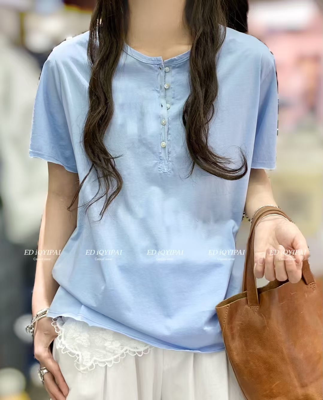 ED，7420#水洗精品纯棉半开扣套头简约日系百搭棉女T恤