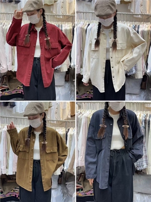 本素8337#双口袋加厚纯棉磨毛宽松长袖衬衫女百搭外套