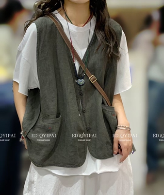 ED,7363#纯亚麻砂洗做旧刺绣复古文艺休闲宽马甲百搭时尚简约女