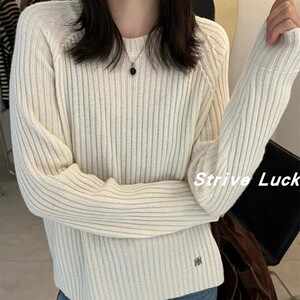 Strive Luck 2024冬季新圆领长袖竖坑条宽松下摆标羊毛针织毛衣女