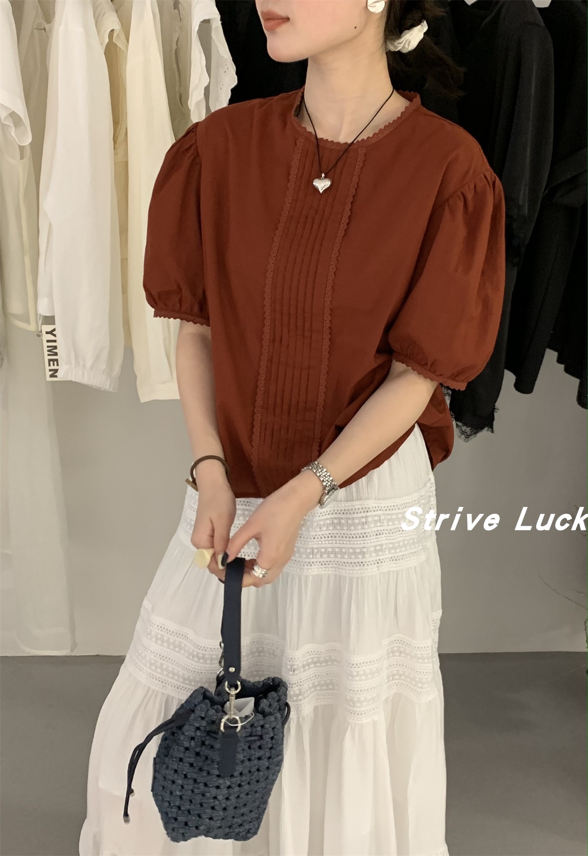 Strive Luck 法式时尚蕾丝拼接短袖衬衫女百搭高级感休闲小衫上衣