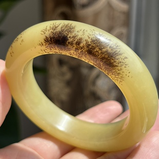 天然岫玉辽阳花玉黄白雪糕草花手镯53口径厚壁子油质料正品包邮