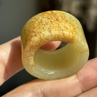 天然岫玉辽阳花玉桂花糕半山半水扳指21.2-17.7-5.4mm硬料正品